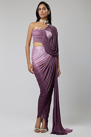 Lilac Stretch Asymmetric Skirt Set by Naina Seth