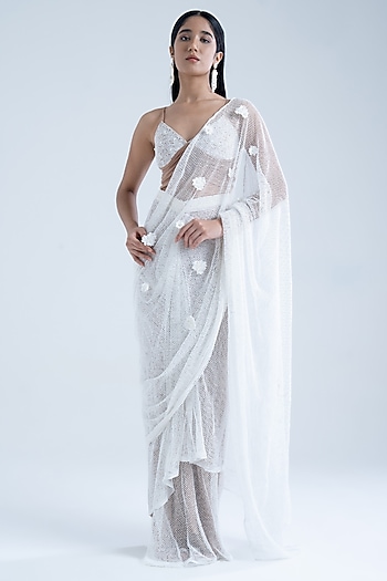 White & Tan Pure Cotton Mesh Embroidered Pre-Draped Party Wear Saree Set by Naina Seth at Pernia's Pop Up Shop