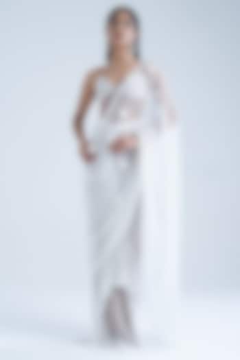 White & Tan Pure Cotton Mesh Embroidered Pre-Draped Party Wear Saree Set by Naina Seth at Pernia's Pop Up Shop