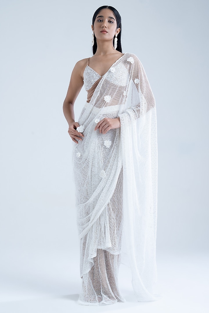 White & Tan Pure Cotton Mesh Embroidered Pre-Draped Party Wear Saree Set by Naina Seth at Pernia's Pop Up Shop