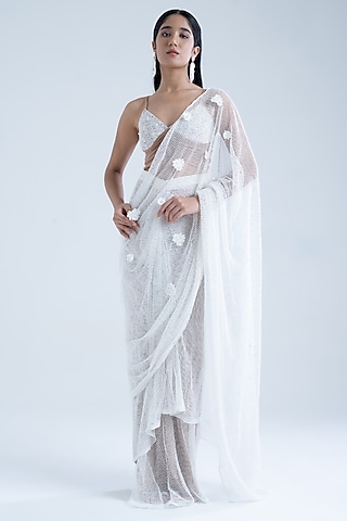 White & Tan Pure Cotton Mesh Embroidered Pre-Draped Saree Set by Naina Seth