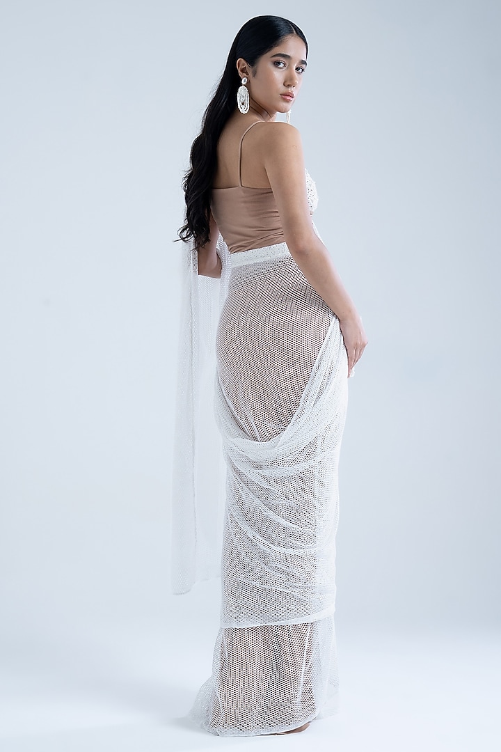White & Tan Pure Cotton Mesh Embroidered Pre-Draped Party Wear Saree Set by Naina Seth at Pernia's Pop Up Shop