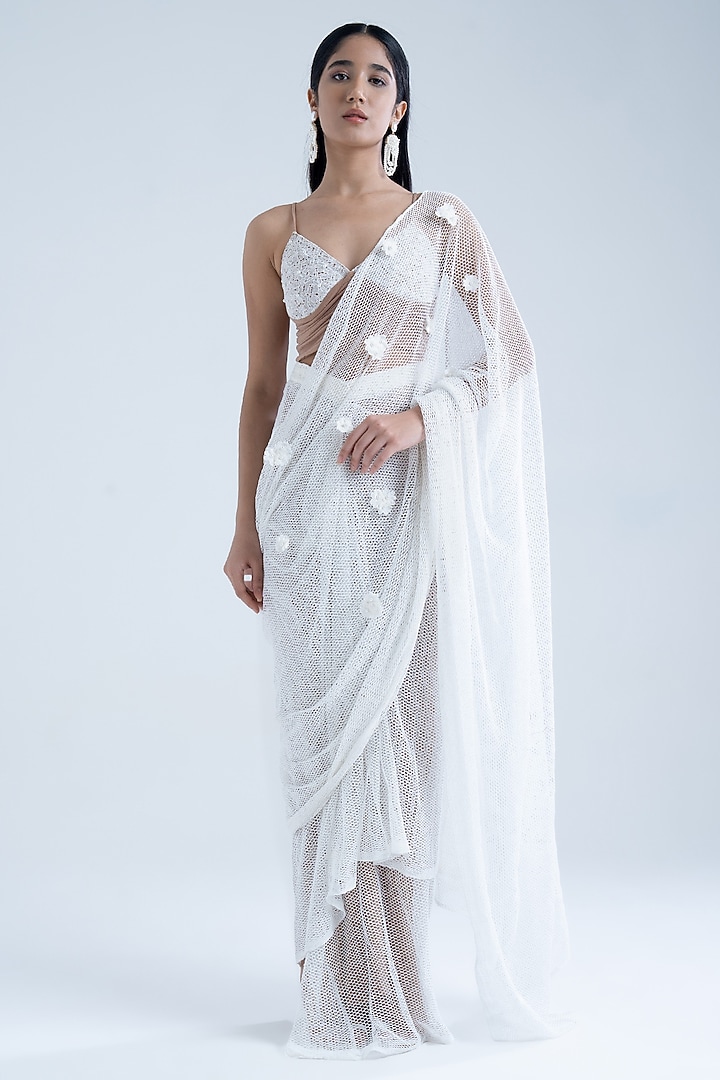 White & Tan Pure Cotton Mesh Embroidered Pre-Draped Party Wear Saree Set by Naina Seth at Pernia's Pop Up Shop