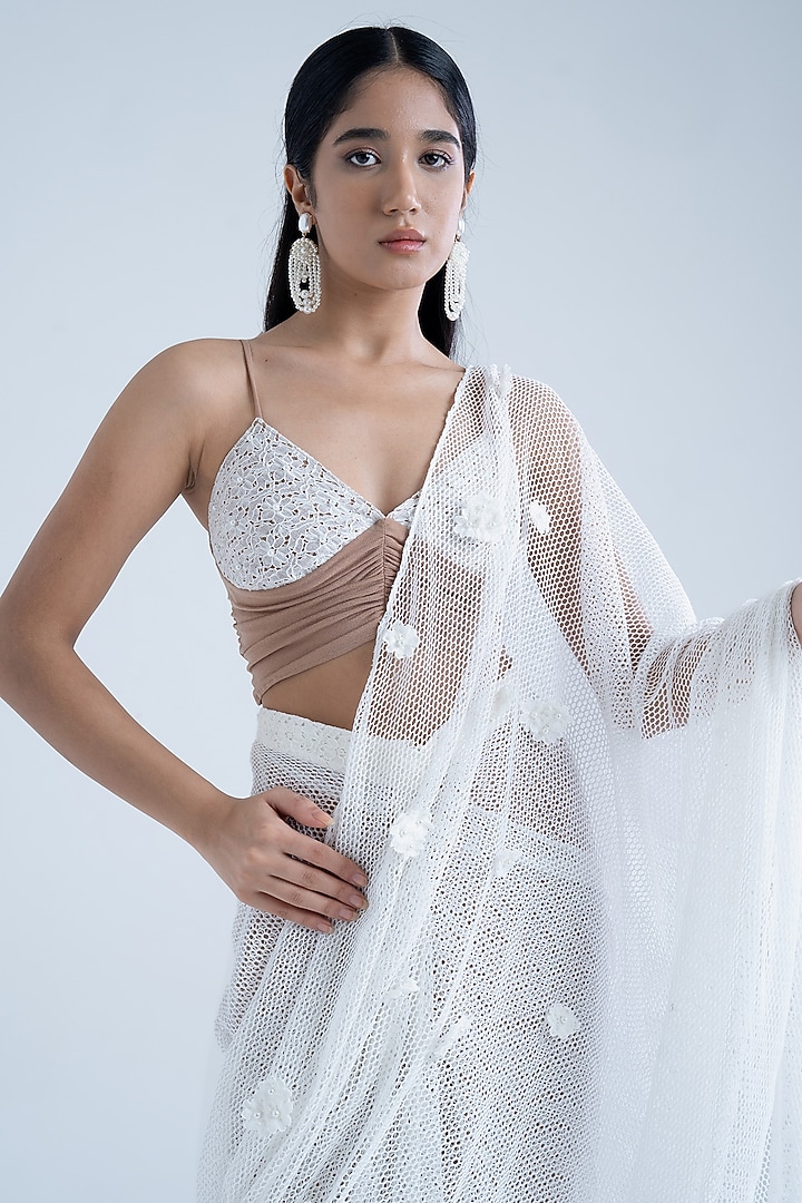 White & Tan Pure Cotton Mesh Embroidered Pre-Draped Party Wear Saree Set by Naina Seth at Pernia's Pop Up Shop
