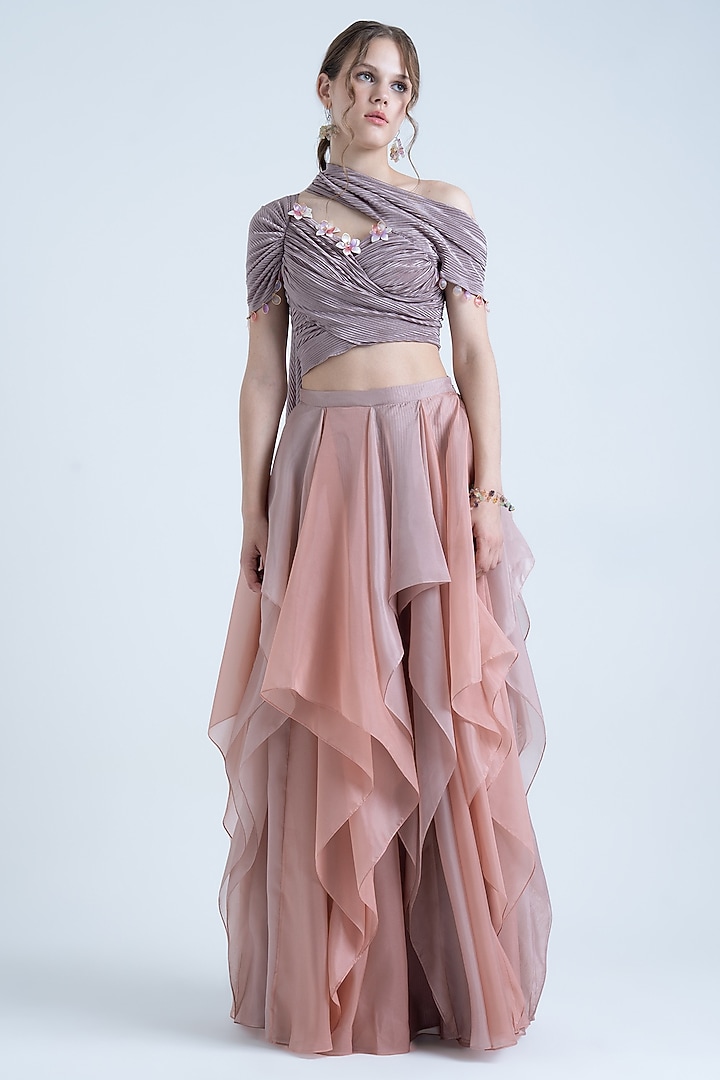 Dark Pale Lavender & Peach Pleated Lehenga Set by Naina Seth at Pernia's Pop Up Shop