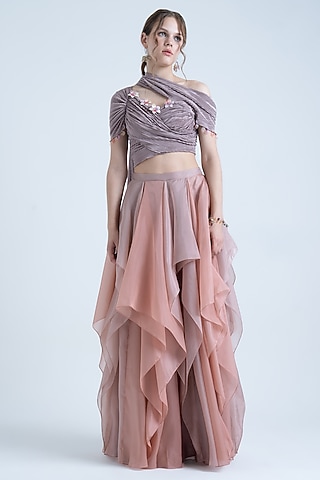 Dark Pale Lavender & Peach Pleated Lehenga Set by Naina Seth