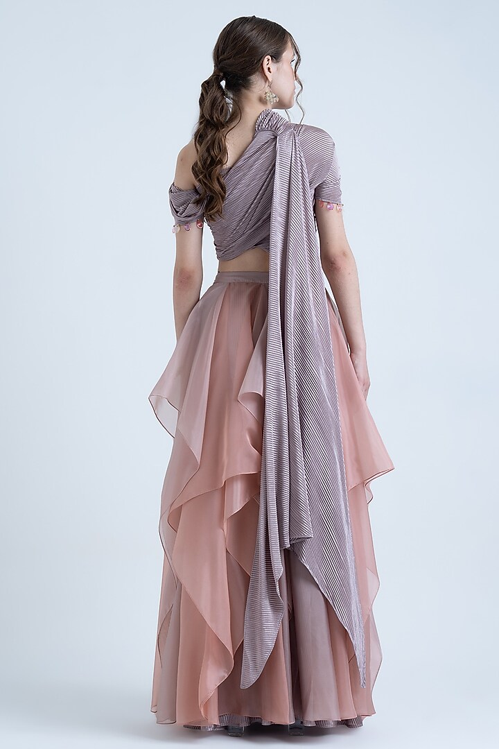 Dark Pale Lavender & Peach Pleated Lehenga Set by Naina Seth at Pernia's Pop Up Shop