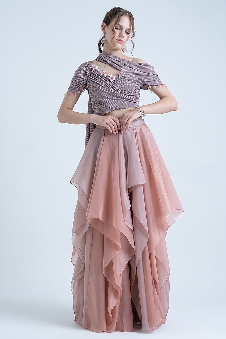 Dark Pale Lavender & Peach Pleated Lehenga Set by Naina Seth at Pernia's Pop Up Shop