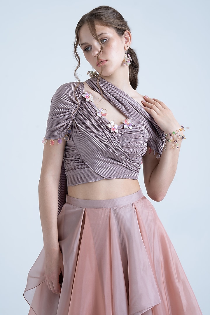 Dark Pale Lavender & Peach Pleated Lehenga Set by Naina Seth at Pernia's Pop Up Shop
