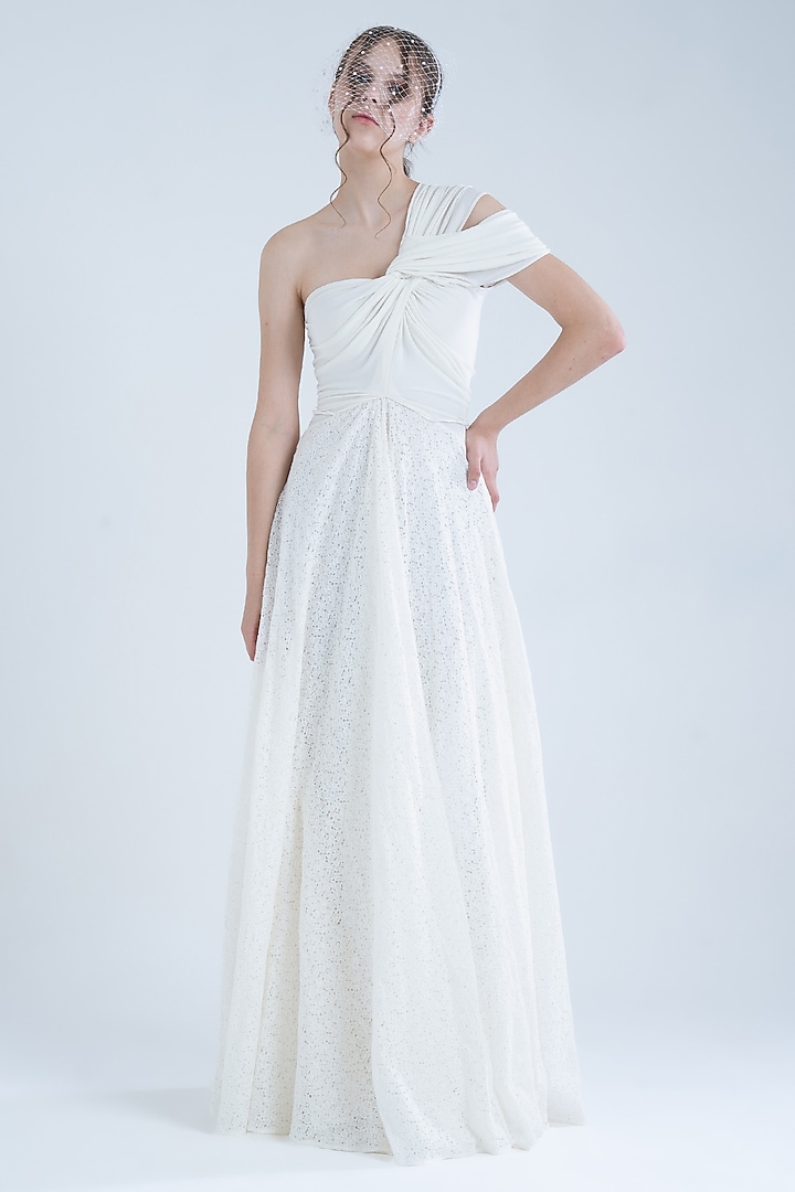 White Cotton & Moss Crepe Lace One-Shoulder Party Wear Gown by Naina Seth at Pernia's Pop Up Shop