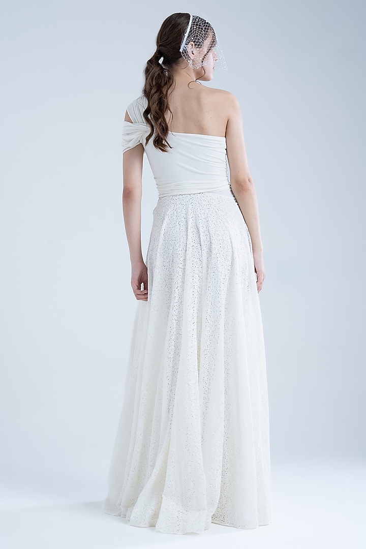 White Cotton & Moss Crepe Lace One-Shoulder Party Wear Gown by Naina Seth at Pernia's Pop Up Shop