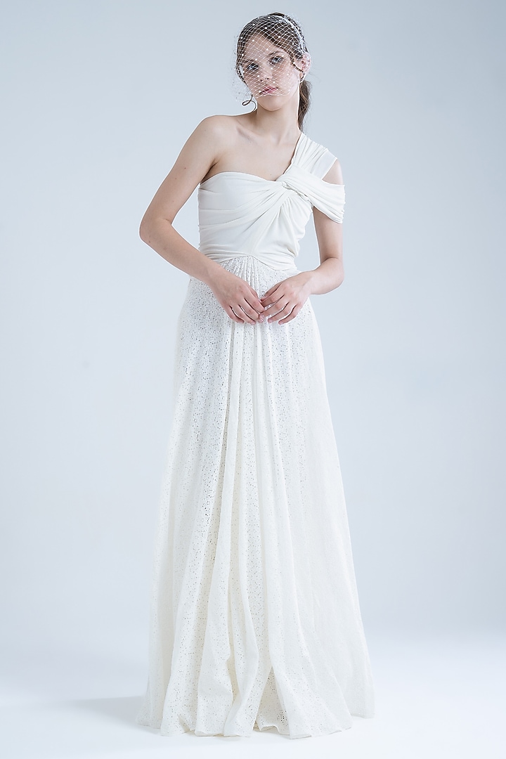 White Cotton & Moss Crepe Lace One-Shoulder Party Wear Gown by Naina Seth at Pernia's Pop Up Shop