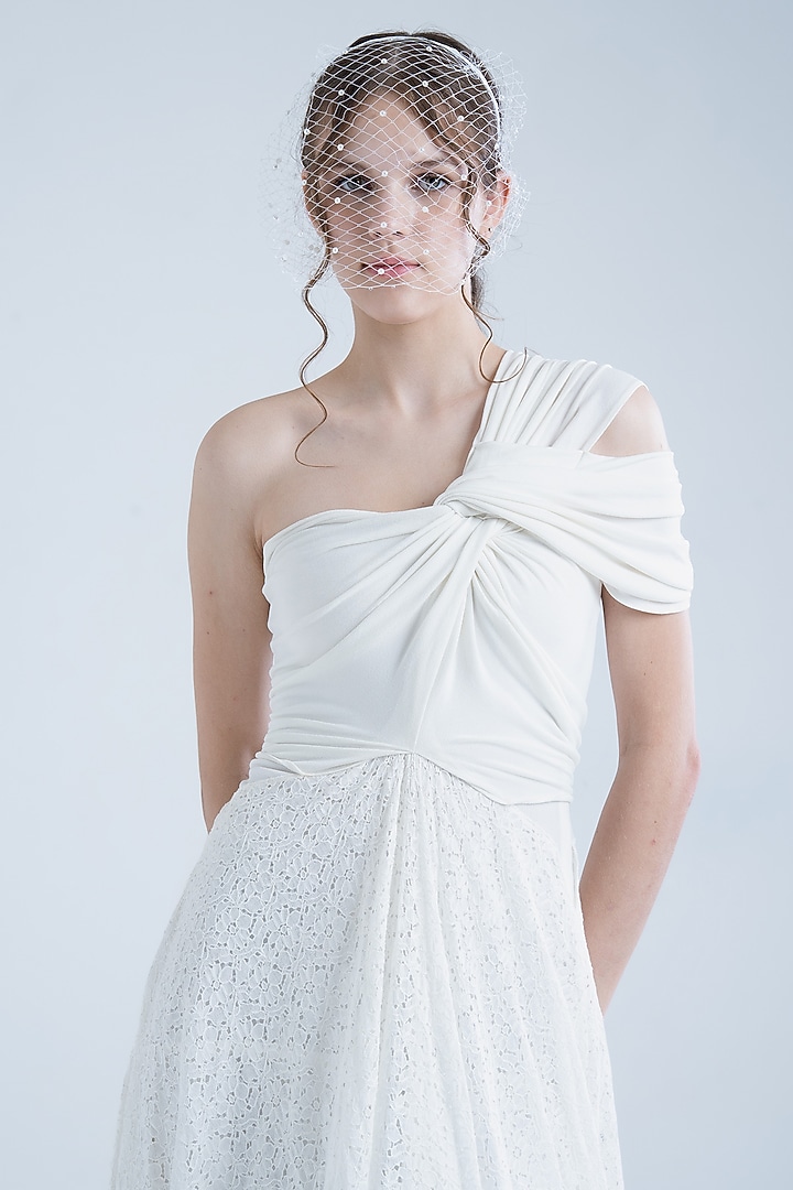 White Cotton & Moss Crepe Lace One-Shoulder Party Wear Gown by Naina Seth at Pernia's Pop Up Shop
