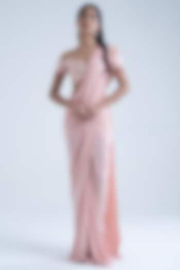 Peach Stretch Moss Crepe Embellished Draped Party Wear Saree Set by Naina Seth at Pernia's Pop Up Shop