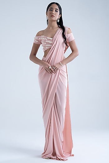 Peach Stretch Moss Crepe Embellished Draped Party Wear Saree Set by Naina Seth at Pernia's Pop Up Shop