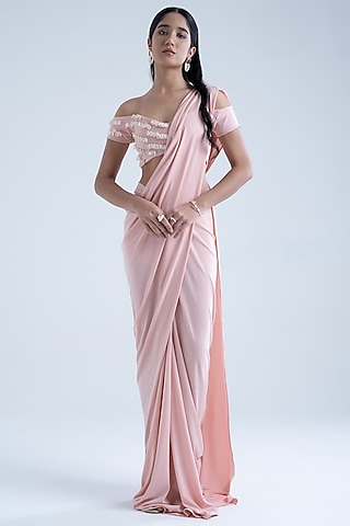 Peach Stretch Moss Crepe Embellished Draped Saree Set by Naina Seth
