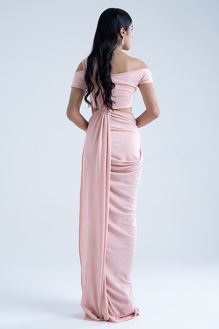 Peach Stretch Moss Crepe Embellished Draped Party Wear Saree Set by Naina Seth at Pernia's Pop Up Shop
