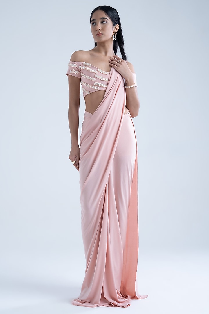 Peach Stretch Moss Crepe Embellished Draped Party Wear Saree Set by Naina Seth at Pernia's Pop Up Shop