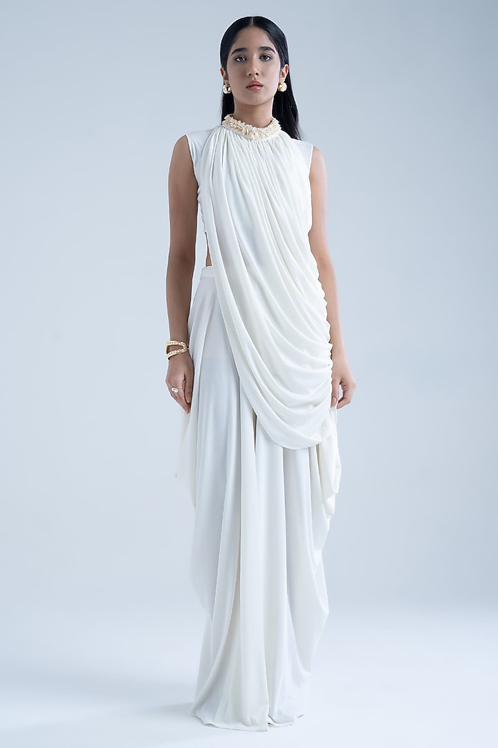 White Moss Crepe Embellished Co-Ord Set by Naina Seth at Pernia's Pop Up Shop