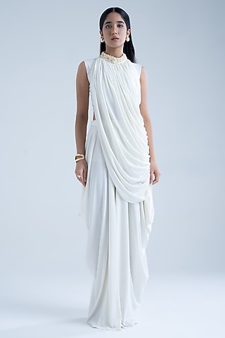 White Moss Crepe Embellished Co-Ord Set by Naina Seth