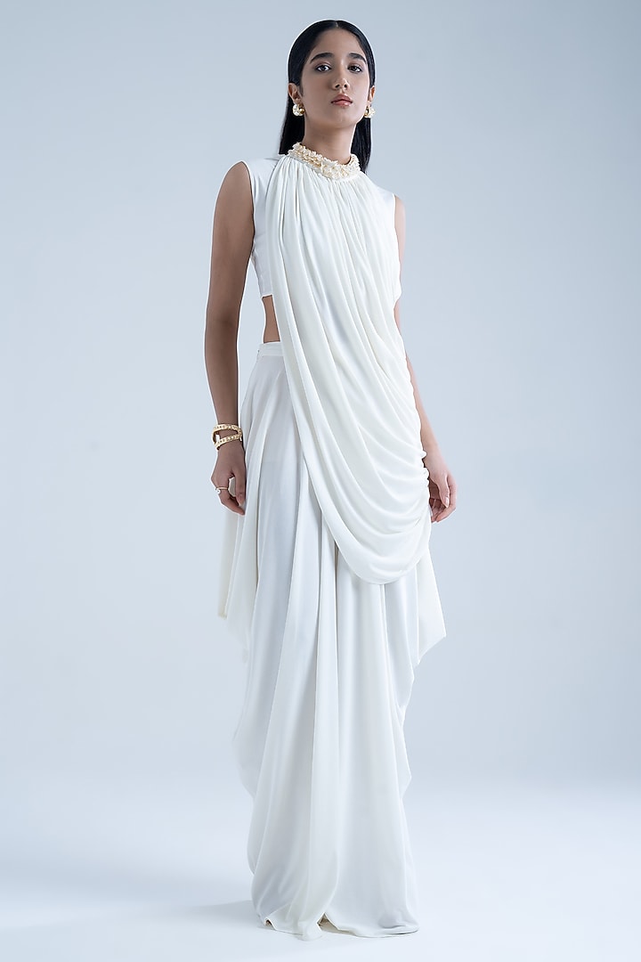 White Moss Crepe Embellished Co-Ord Set by Naina Seth at Pernia's Pop Up Shop