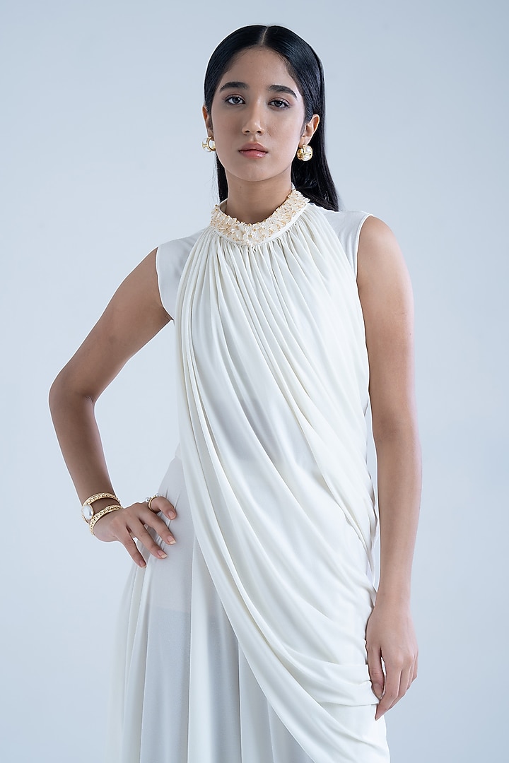 White Moss Crepe Embellished Co-Ord Set by Naina Seth at Pernia's Pop Up Shop