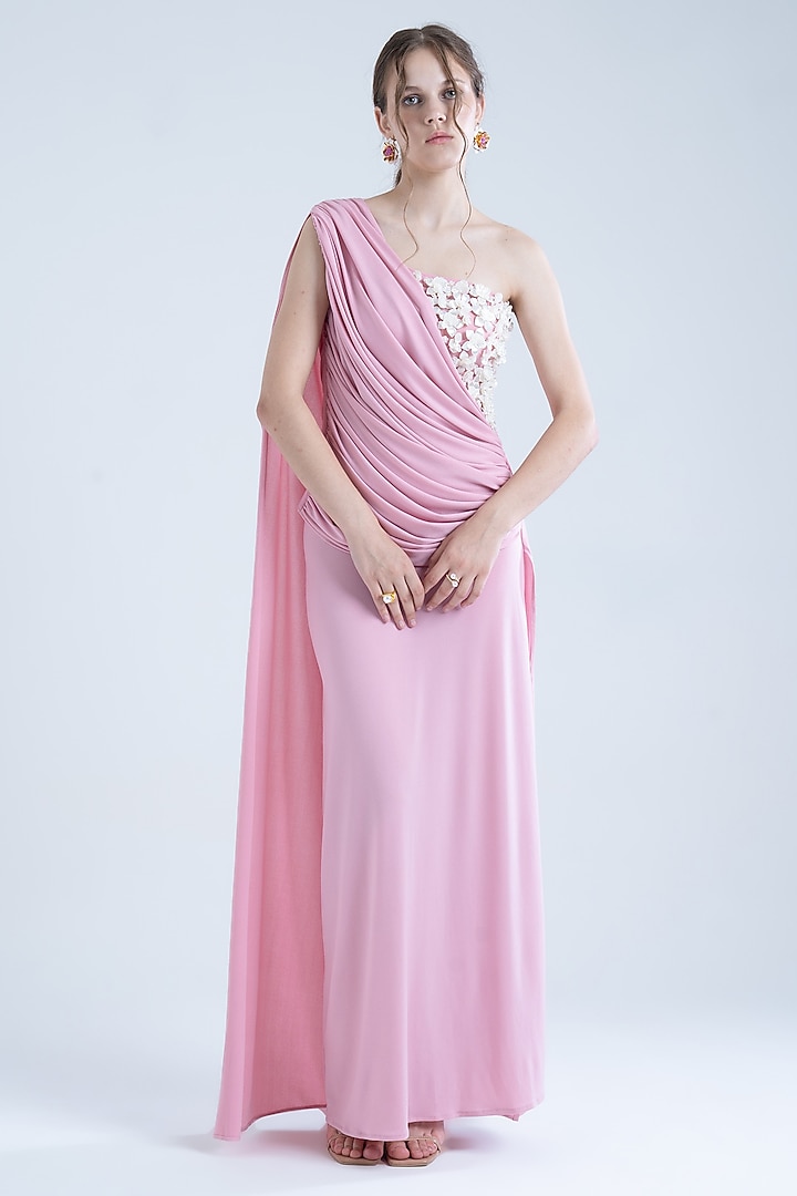Baby Pink Stretch Moss Crepe Embellished One-Shoulder Party Wear Gown by Naina Seth at Pernia's Pop Up Shop