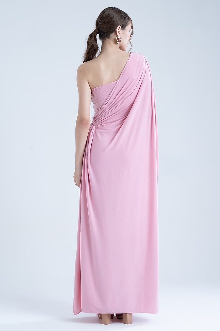 Baby Pink Stretch Moss Crepe Embellished One-Shoulder Party Wear Gown by Naina Seth at Pernia's Pop Up Shop