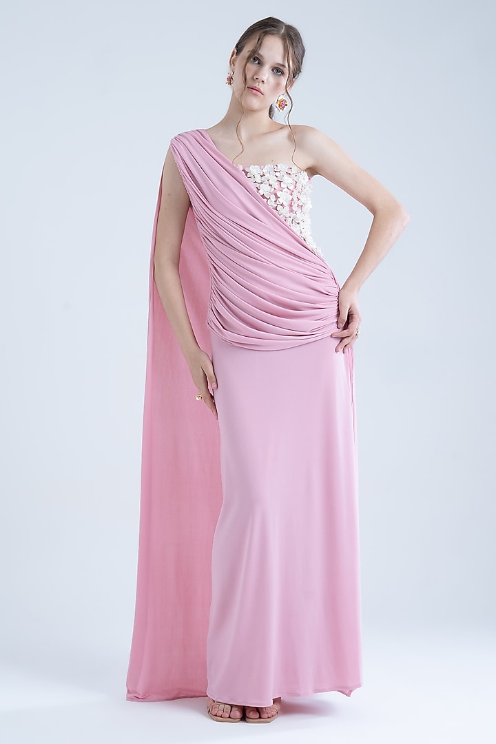 Baby Pink Stretch Moss Crepe Embellished One-Shoulder Party Wear Gown by Naina Seth at Pernia's Pop Up Shop