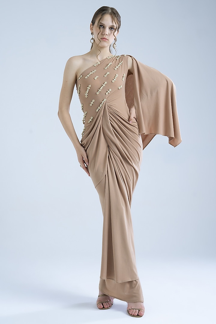 Tan Stretch Moss Crepe Embellished One-Shoulder Party Wear Gown by Naina Seth at Pernia's Pop Up Shop