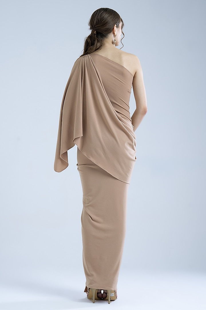 Tan Stretch Moss Crepe Embellished One-Shoulder Party Wear Gown by Naina Seth at Pernia's Pop Up Shop