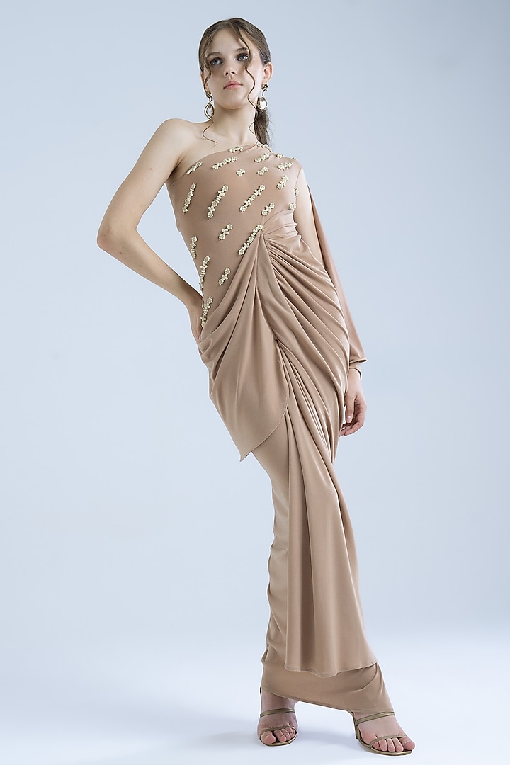 Tan Stretch Moss Crepe Embellished One-Shoulder Party Wear Gown by Naina Seth at Pernia's Pop Up Shop