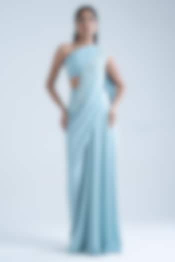 Sky Blue Stretch Moss Crepe Embellished One-Shoulder Party Wear Gown by Naina Seth at Pernia's Pop Up Shop