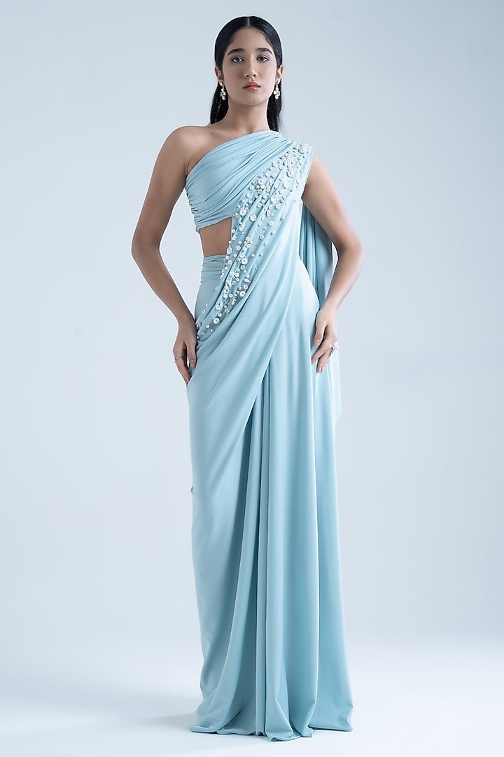 Sky Blue Stretch Moss Crepe Embellished One-Shoulder Party Wear Gown by Naina Seth at Pernia's Pop Up Shop