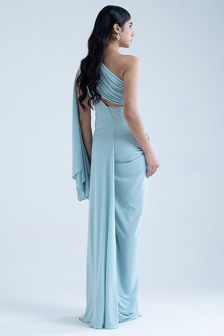 Sky Blue Stretch Moss Crepe Embellished One-Shoulder Party Wear Gown by Naina Seth at Pernia's Pop Up Shop