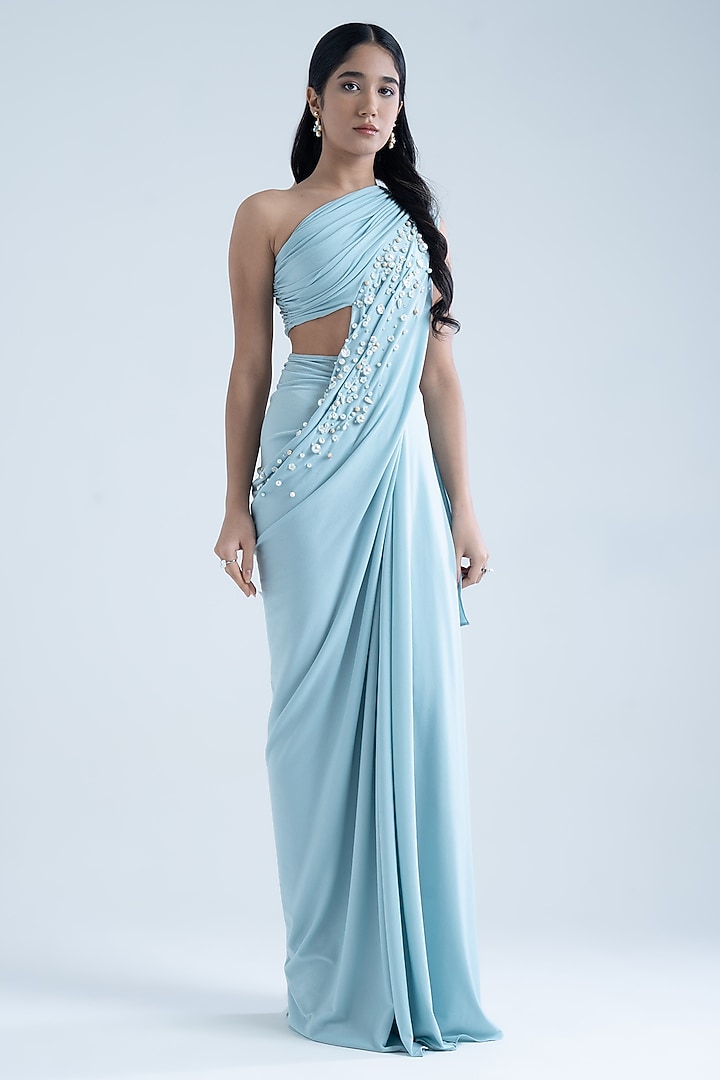 Sky Blue Stretch Moss Crepe Embellished One-Shoulder Party Wear Gown by Naina Seth at Pernia's Pop Up Shop