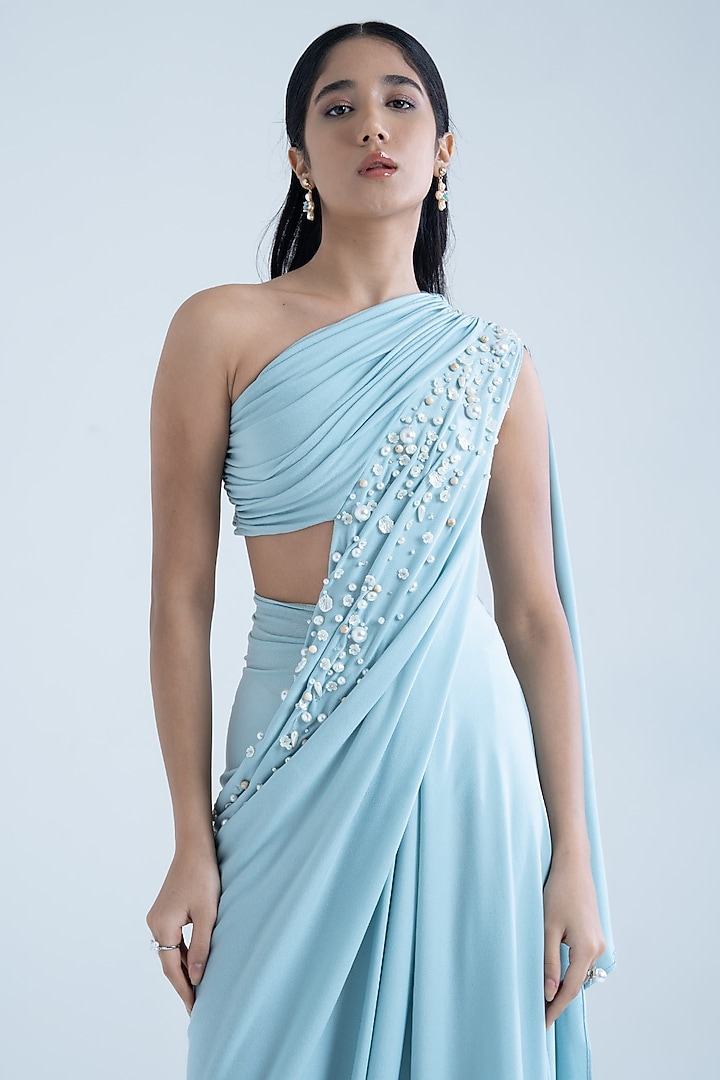 Sky Blue Stretch Moss Crepe Embellished One-Shoulder Party Wear Gown by Naina Seth at Pernia's Pop Up Shop