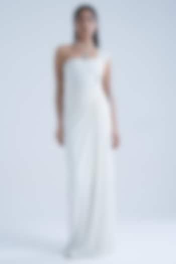 White Stretch Moss Crepe Embellished One-Shoulder Gown by Naina Seth at Pernia's Pop Up Shop