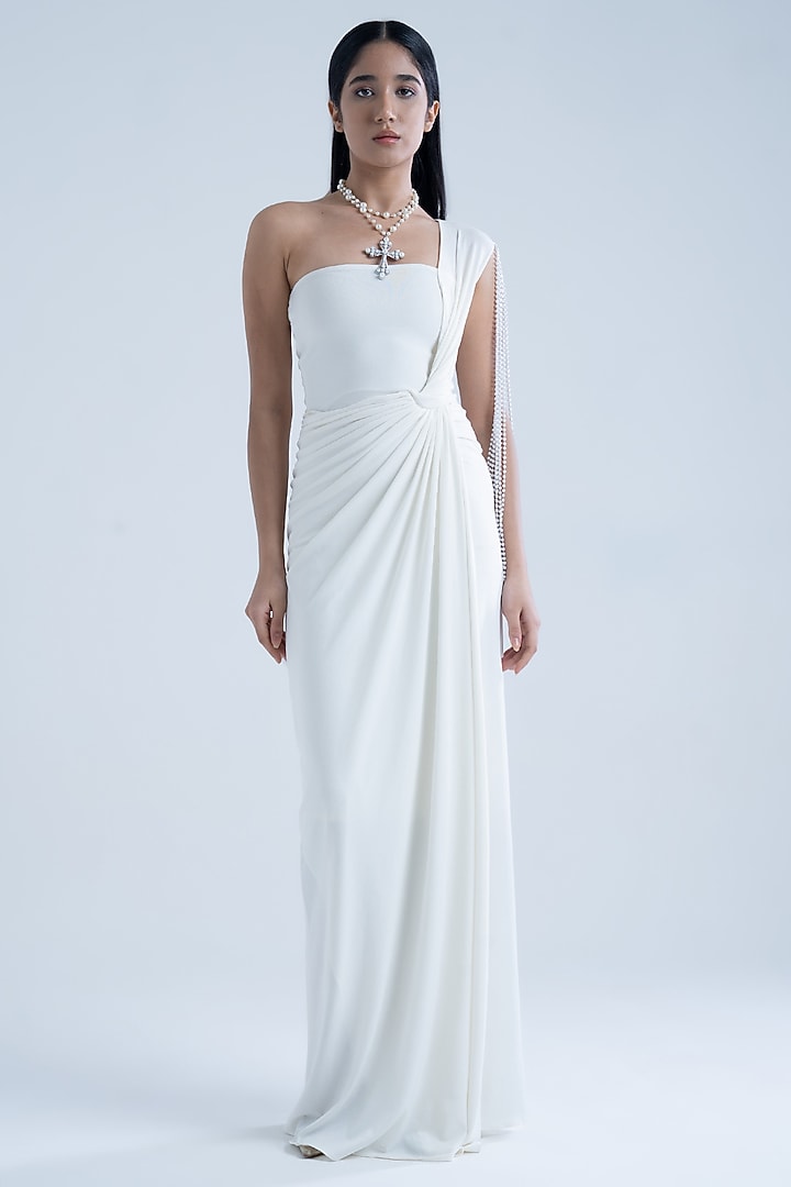 White Stretch Moss Crepe Embellished One-Shoulder Gown by Naina Seth at Pernia's Pop Up Shop