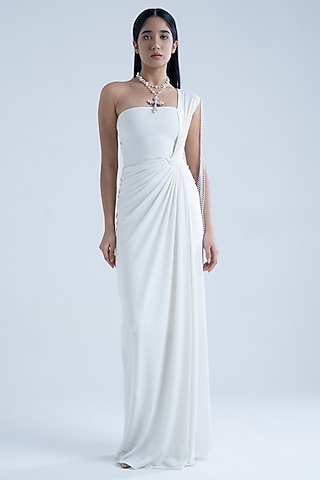 White Stretch Moss Crepe Embellished One-Shoulder Gown by Naina Seth