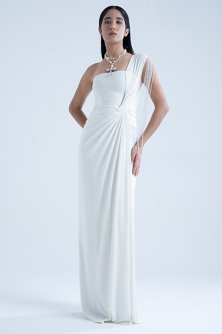 White Stretch Moss Crepe Embellished One-Shoulder Gown by Naina Seth at Pernia's Pop Up Shop