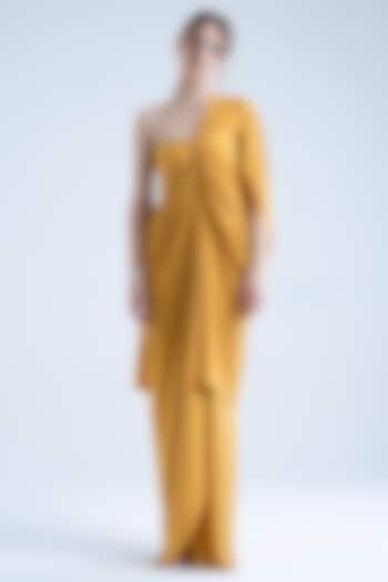 Mustard Stretch Moss Crepe Embellished One-Shoulder Gown by Naina Seth at Pernia's Pop Up Shop