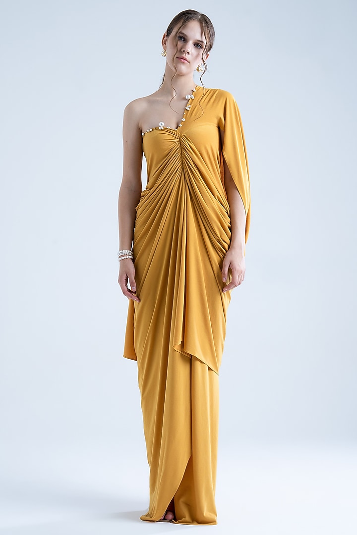 Mustard Stretch Moss Crepe Embellished One-Shoulder Gown by Naina Seth at Pernia's Pop Up Shop