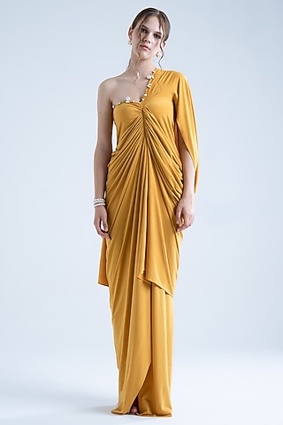 Mustard Stretch Moss Crepe Embellished One-Shoulder Gown by Naina Seth