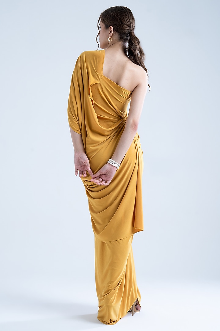 Mustard Stretch Moss Crepe Embellished One-Shoulder Gown by Naina Seth at Pernia's Pop Up Shop