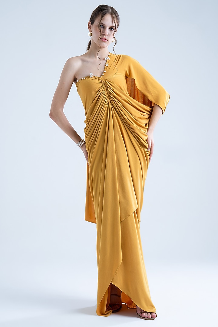 Mustard Stretch Moss Crepe Embellished One-Shoulder Gown by Naina Seth at Pernia's Pop Up Shop
