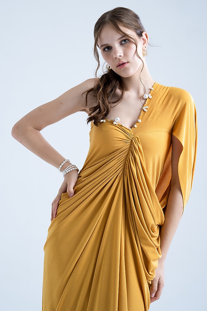 Mustard Stretch Moss Crepe Embellished One-Shoulder Gown by Naina Seth at Pernia's Pop Up Shop