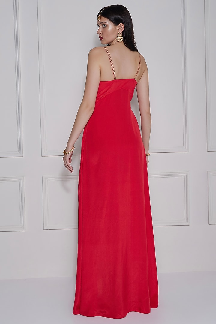 Red Crepe Gota Work Fusion Party Wear Gown With Dupatta by Naina Seth at Pernia's Pop Up Shop