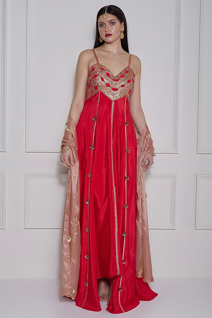 Red Crepe Gota Work Fusion Party Wear Gown With Dupatta by Naina Seth at Pernia's Pop Up Shop