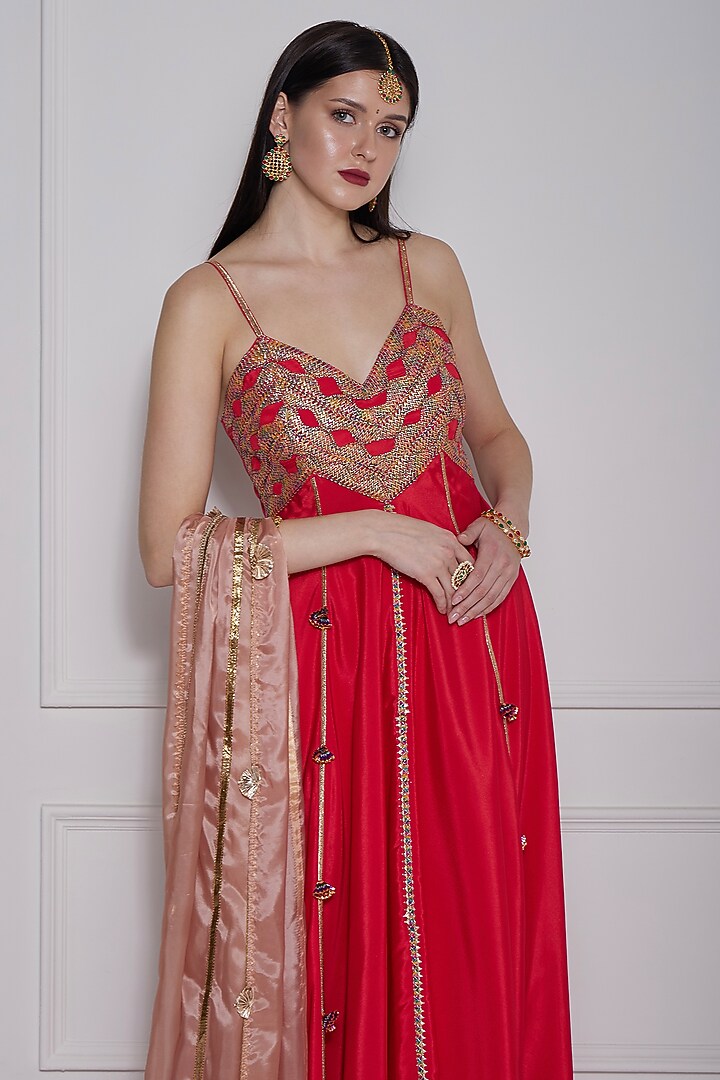Red Crepe Gota Work Fusion Party Wear Gown With Dupatta by Naina Seth at Pernia's Pop Up Shop